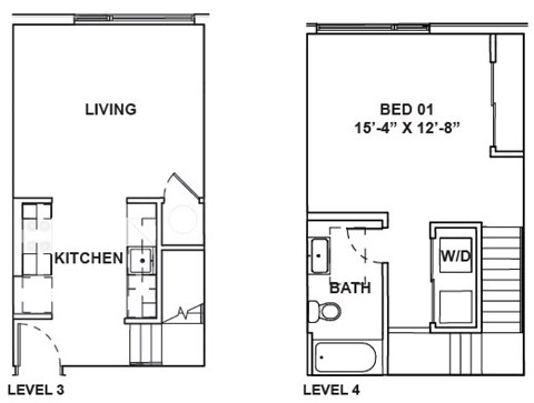 A floor plan shows a living area, kitchen, and bedroom on the first floor and a bathroom on the second.